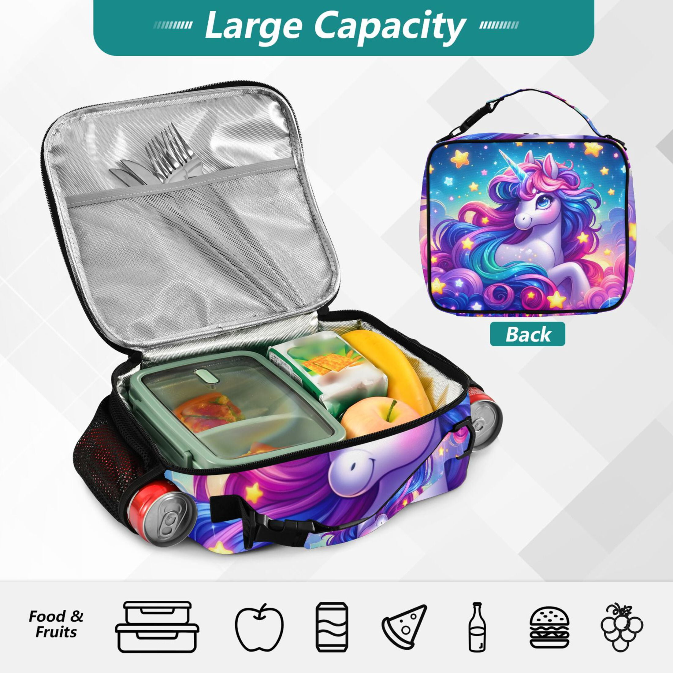 ALAZA Cartoon Unicorn Rainbow Stars Lunch Box Insulated Lunch Bag Cooler Tote with Shoulder Strap