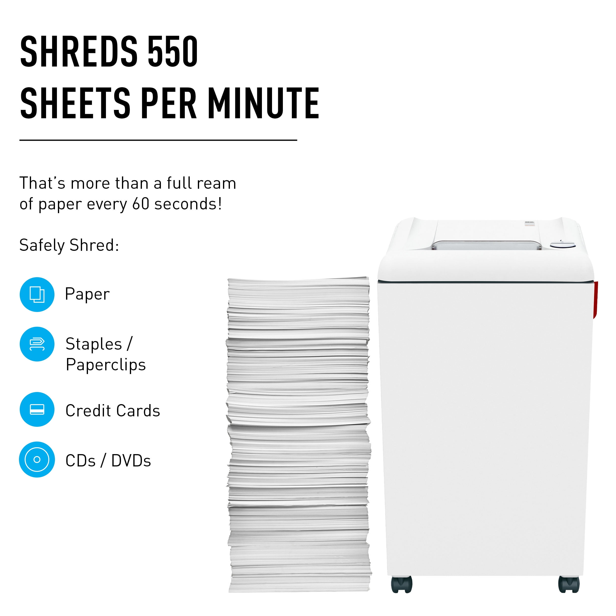 IDEAL 2503 Strip-Cut Commercial Office Paper Shredder, Made in Germany, Continuous Operation, 19 to 21 Sheet Feed Capacity, 20-Gallon Bin, Shreds Staples/PaperClips/Credit Cards/CD/DVDs, P-2 Security