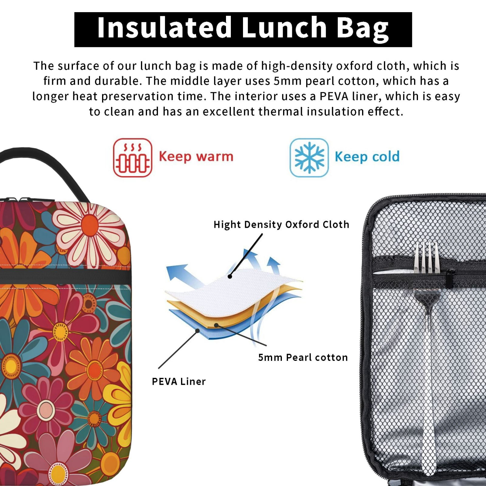 Lunch Bag For Women Men Insulated Portable Lunch Box Bento Box Office Picnic Travel Cooler Bag Colorful Floral Pattern Groovy Flowers (2)