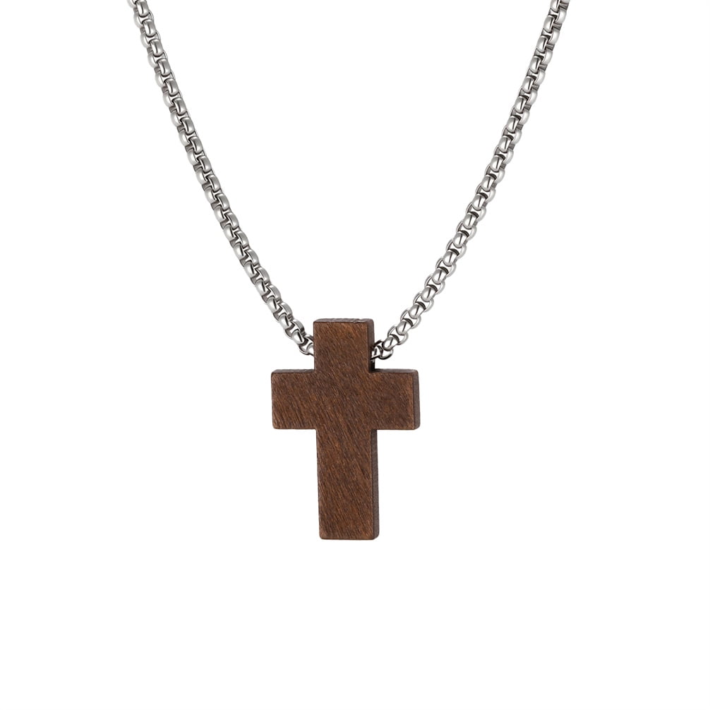 HIRPLIS Wood Cross Pendant Necklace for Women Men Box Chain Stainless Steel Religious Prayer Faith Punk Baptism Statement Personalized Gift Jewelry Brown