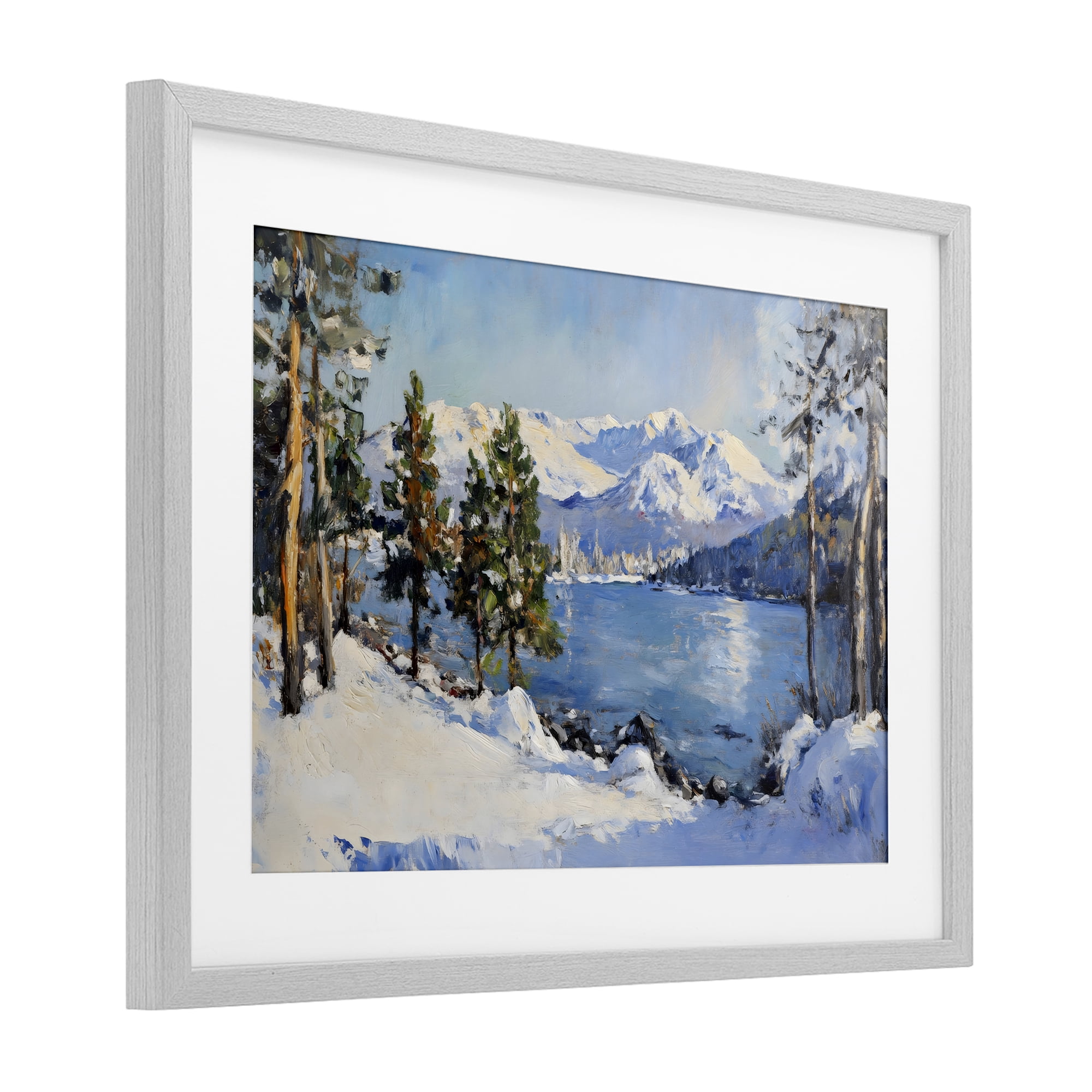 Winter Mountain Lake Gray Framed Print Under Glass, design by Petal Prints Design