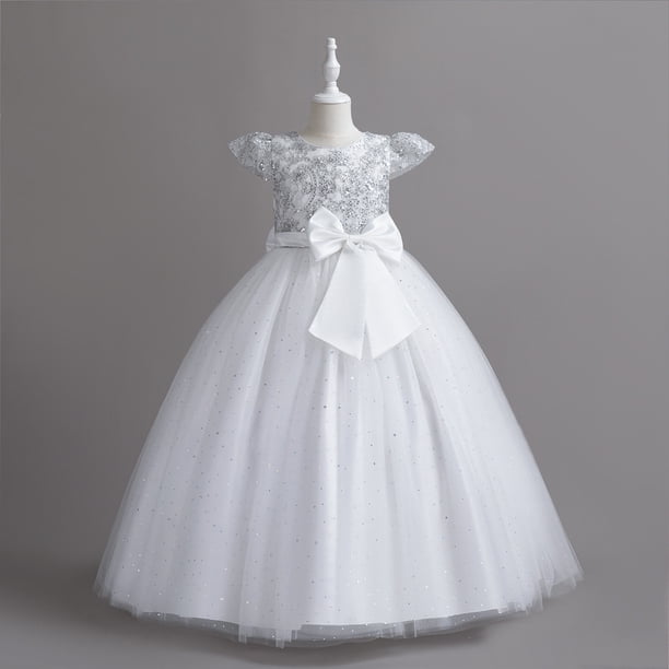 Vestido de niña Vestido de novia sin mangas con lentejuelas para niñas de talla mediana y grande Vestido de niña de flores Vestido de princesa de actuación Vestido largo hasta el suelo