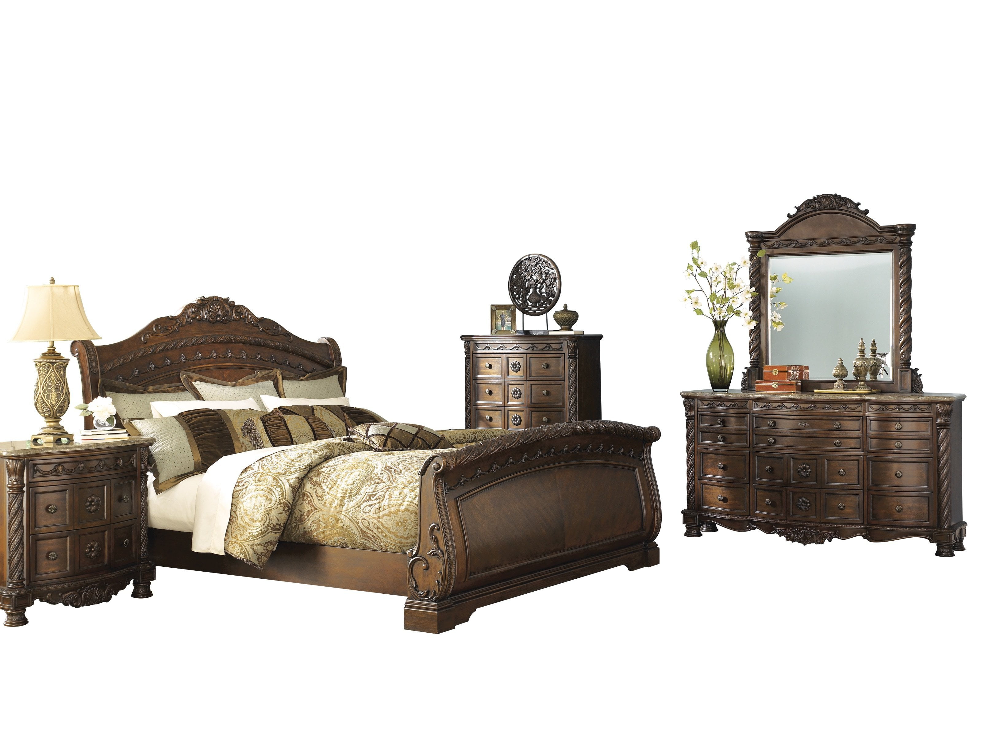 Ashley Furniture North Shore 5 Pc Bedroom Set E King Sleigh Bed Dresser Mirror 1 Nightstand Chest Dark Brown Walmartcom