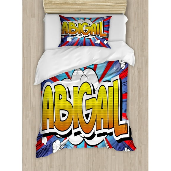 Abigail Twin Size Duvet Cover Set, Comic Book Style Female Name with Explosion Effects on Abstract Pop Background, Decorative 2 Piece Bedding Set with 1 Pillow Sham, Multicolor, by Ambesonne