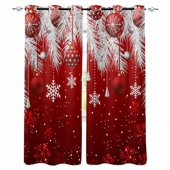 Red Christmas Blackout Curtains | Light Blocking Print Window Curtains, Xmas Balls Snowflake Silver Pine Needles Thermal Insulated Window Drapes for Living Room Kitchen (2 Panels, 104"W x 72"L)