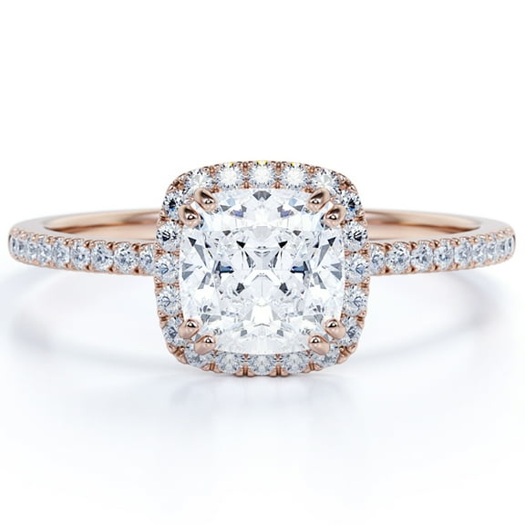 JeenMata 1.75 Carat Cushion cut Moissanite Halo Engagement Ring in 18k Rose Gold Over Silver