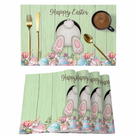 Easter Bunny Placemats Set of 4, Colorful Eggs Cute Rabbit Green Country Wooden Placemats for Dining Table, Place Mats for Kitchen Tabletop, Waterproof Wipeable Dining Table Mats Set