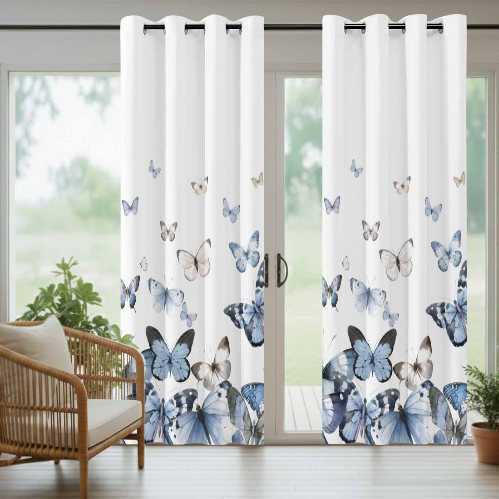 Outdoor Curtains for Patio Waterproof, Blue Butterflies Outdoor Privacy Panels Grommet, Elegant Pastoral Butterfly Blackout Outside Curtains for Porch/Cabana/Pergola/Gazebo 54"x95", 2 Panels