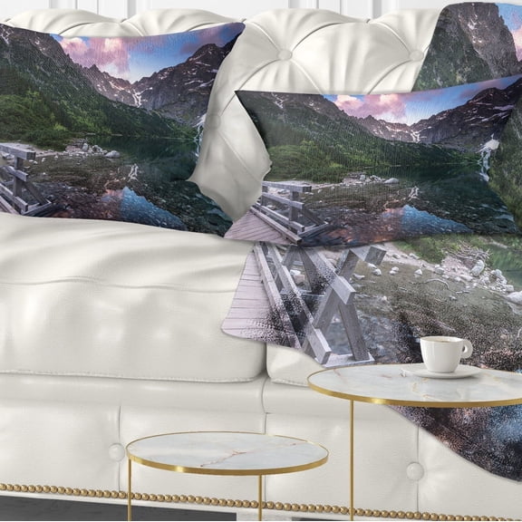 Designart Wooden Foot Bridge Over Lake - Landscape Printed Throw Pillow - 12x20