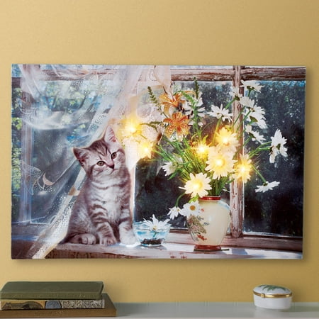 Collections Etc Cat On Windowsill Led Lighted Canvas Wall Art