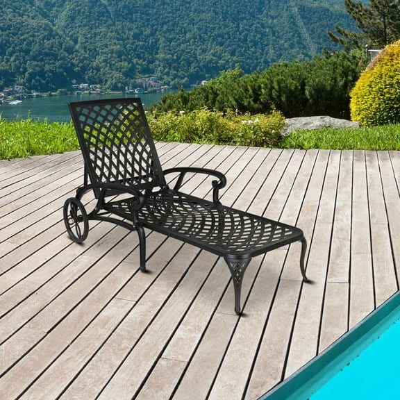 Lounge Chairs for Outside, Chaise Lounges Outdoor Pool Chair, Cast Aluminum Patio Furniture Tanning with Adjustable Backrest and Moveable Wheels, Black