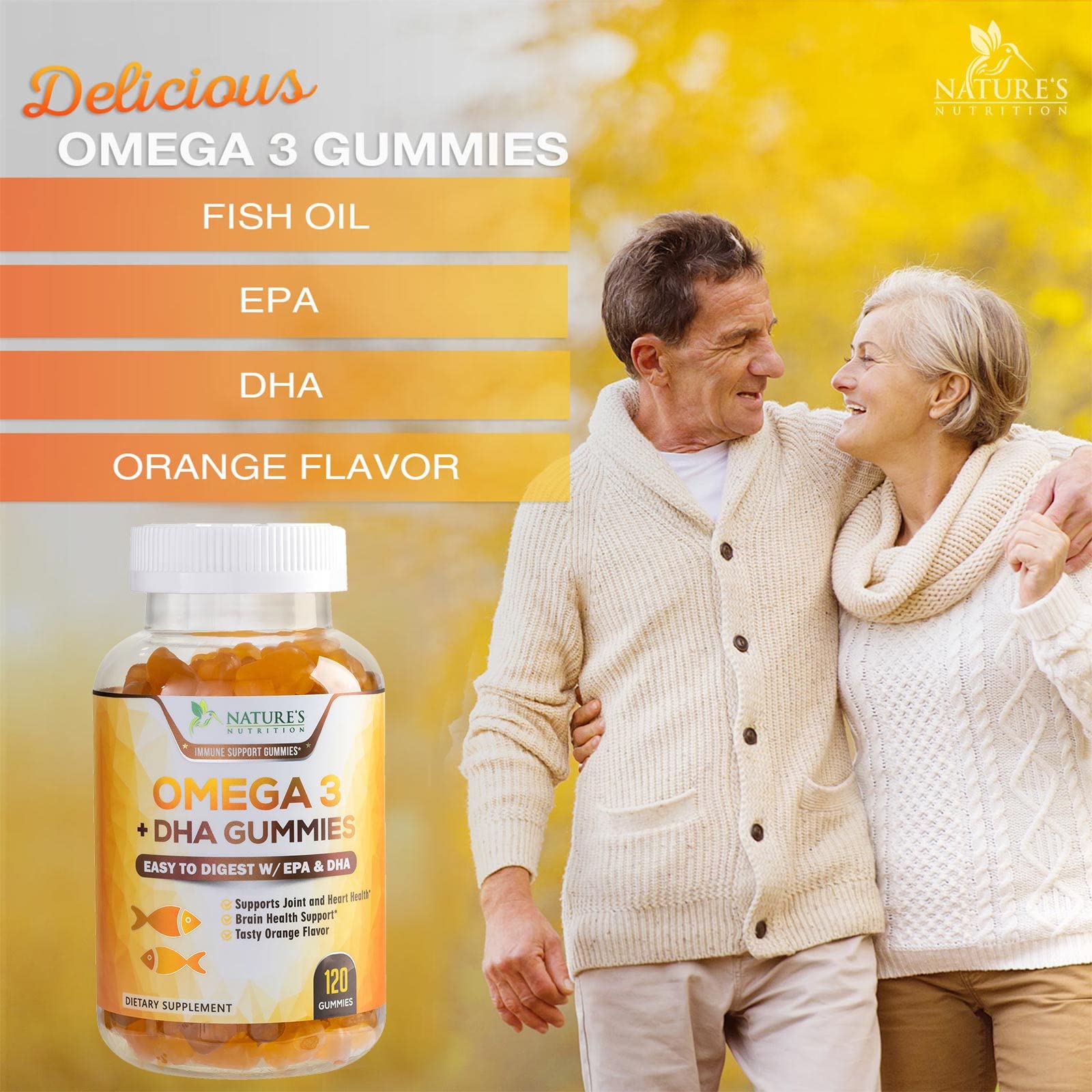 Omega 3 Fish Oil Gummies, Heart Healthy Omega 3 Gummy Supplement with High Absorption DHA & EPA, Extra Strength Joint & Brain Support, Delicious Orange Flavor Fish Oil Nature's Vitamin - 120 Gummies