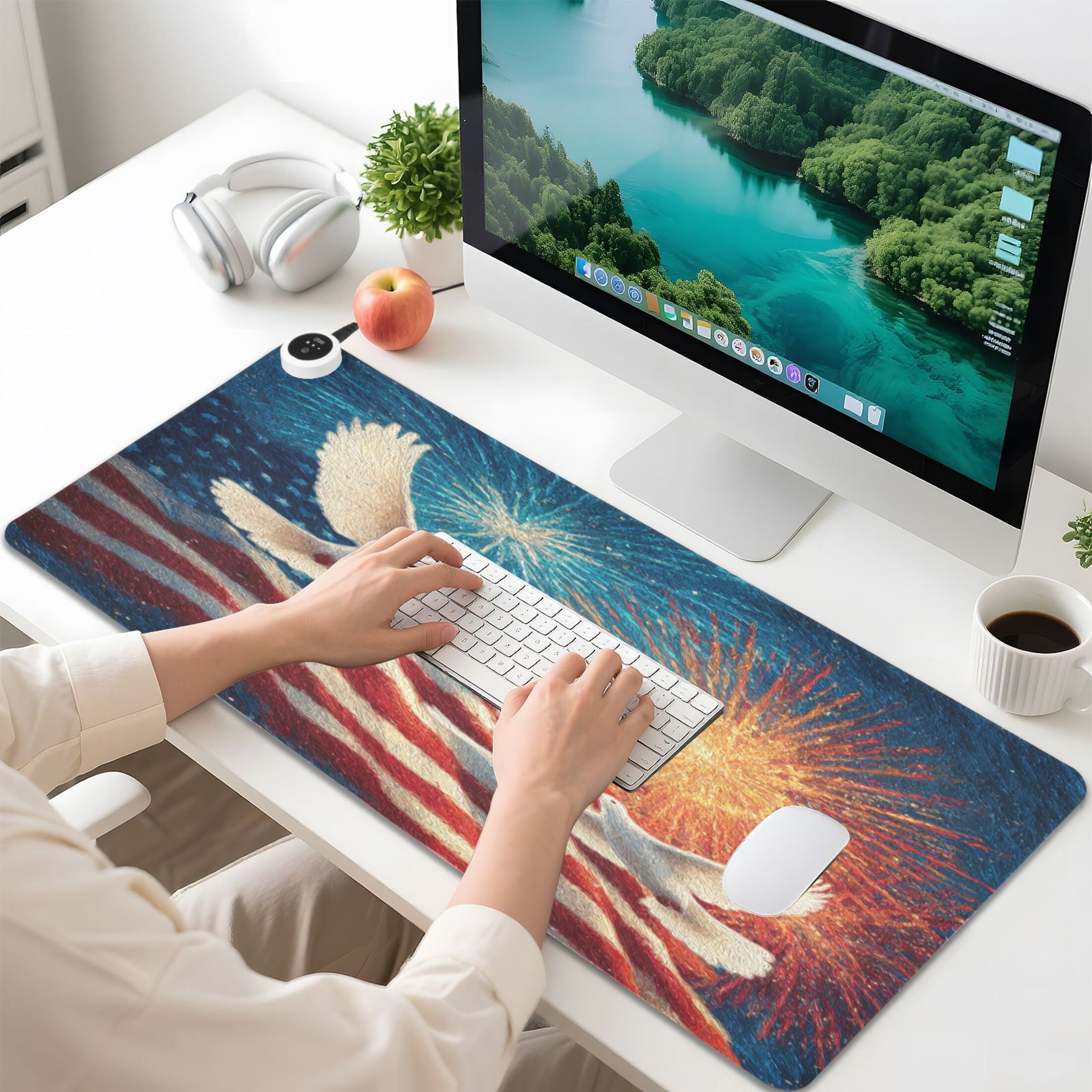 Large Heated Desk Mat Mouse Pad 31.5"x13"PU Leather Graphene Heating Desk Warmer with 3 Temperature Settings 110V US Plug Non-Slip Warm Pad for Home, Office, and Gaming White Dove and American Flag