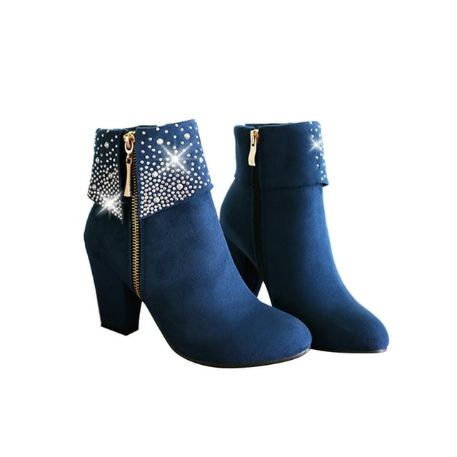 UKAP Women Winter Boots Comfort Ankle Booties Side Zip Block Heels Bootie Work Short Boot Frosted Blue 4