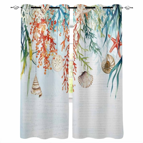 Fsddascl Coastal Coral Blackout Curtains for Bedroom/Living Room, Thermal Insulated Kitchen Curtains, Summer Beach Ocean Shell Starfish Grommet Darkening Window Treatment Drapes 52"x90"x2