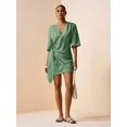 thumbnail image 5 of Olive Green Linen V-Neck Wrap Mini Dress With Side Tie, Casual Summer Style, 5 of 8