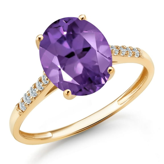 Gem Stone King 10K Yellow Gold Purple Amethyst and White Diamond Engagement Ring for Women | 2.42 Cttw | Oval 10X8MM | Gemstone February Birthstone | Available in Size 5,6,7,8,9