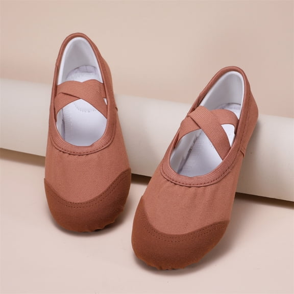 Gpaecead Girls Leather Toe Ballet Practice Flats Canvas No Tie Soft Sole Dance Shoes For Big Kids Yoga Gymnastics, Brown