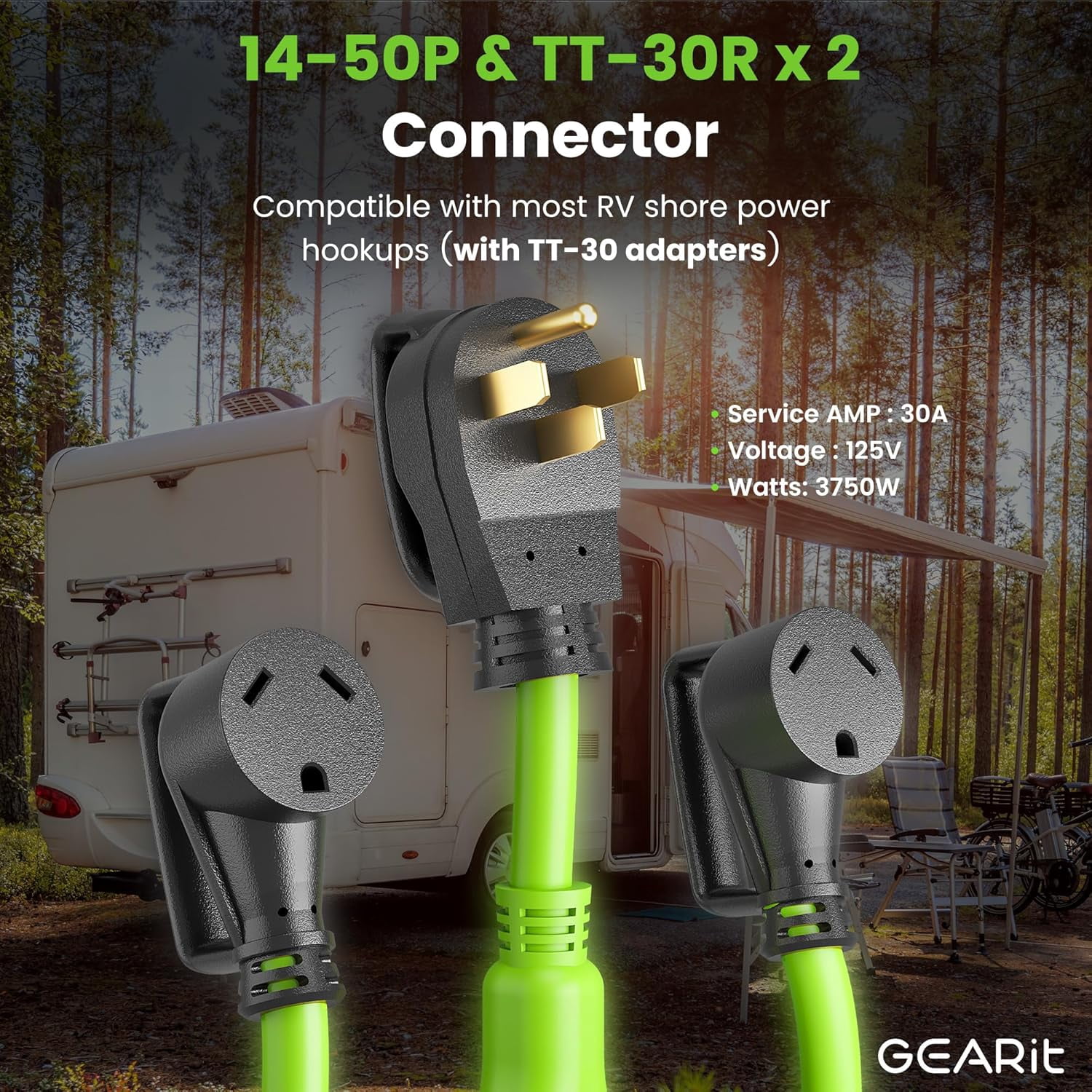 GEARit 50 Amp to 30 Amp Adapter, 3 Prong Dryer Cord, NEMA 14-50P Male to 2x TT-30R Female Receptacles, Y Splitter Extension Cord 2ft