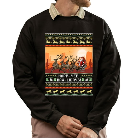 Christmas Sweatshirt, Funny Cowboy Santa Happ-yee Haw-lidays Christmas Sweatshirt, Western & Rustic Ugly Sweatshirt, Festive Crewneck for Parties & Gifts