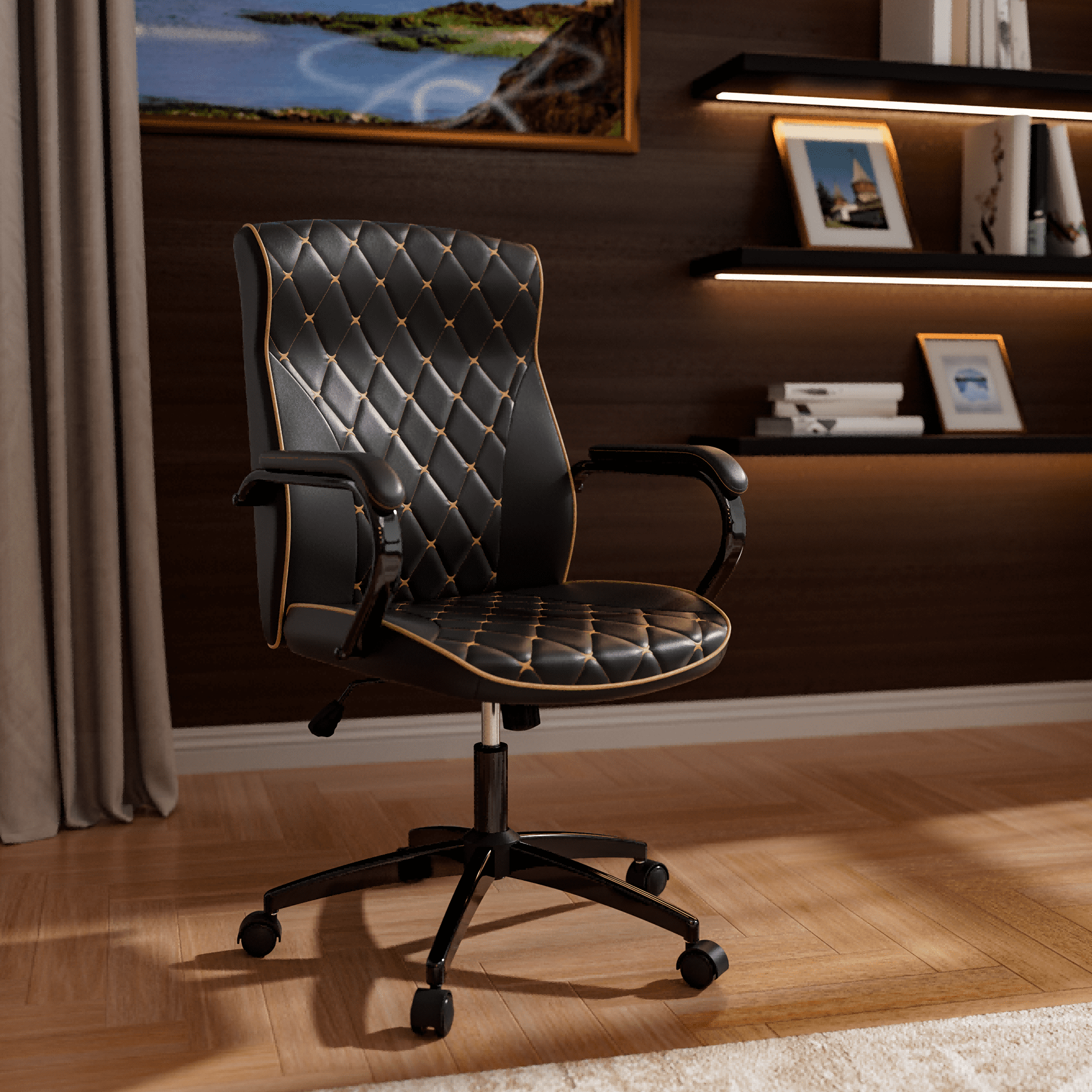 HomeZeer Black Office Chair with Wheels, Ergonomic High Back Executive Desk Chair with Padded Arms, Modern PU Leather Embroidery Computer Chair with Rocking Function