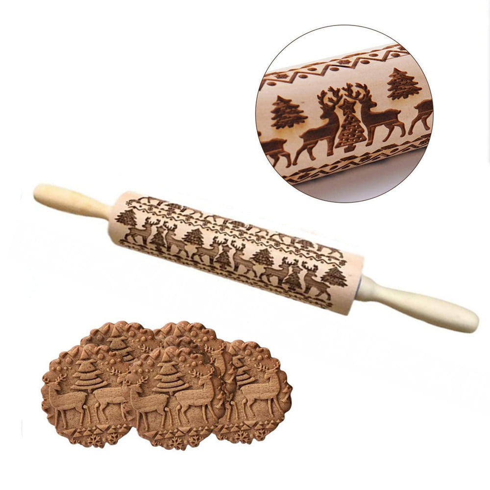 Details about   Christmas Elk  Engraved Rolling Pin Wooden Rolling Beer Embossed Dough Roller 