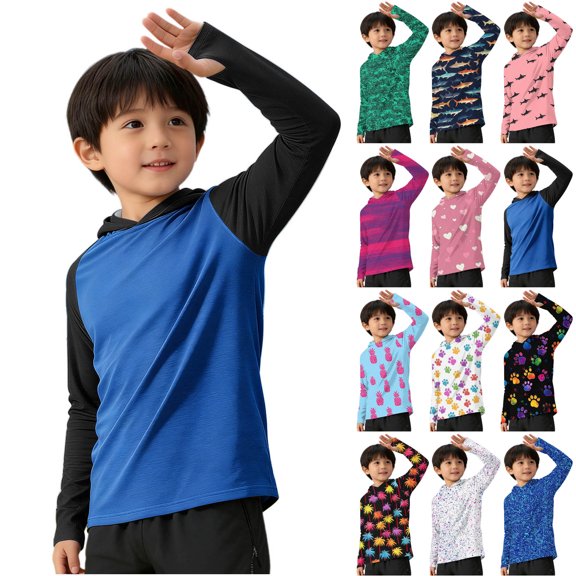 Asxite Toddler Tops Print Long Sleeve Hooded Sun Protection Top With Distressed Cuff for 5-15 Y