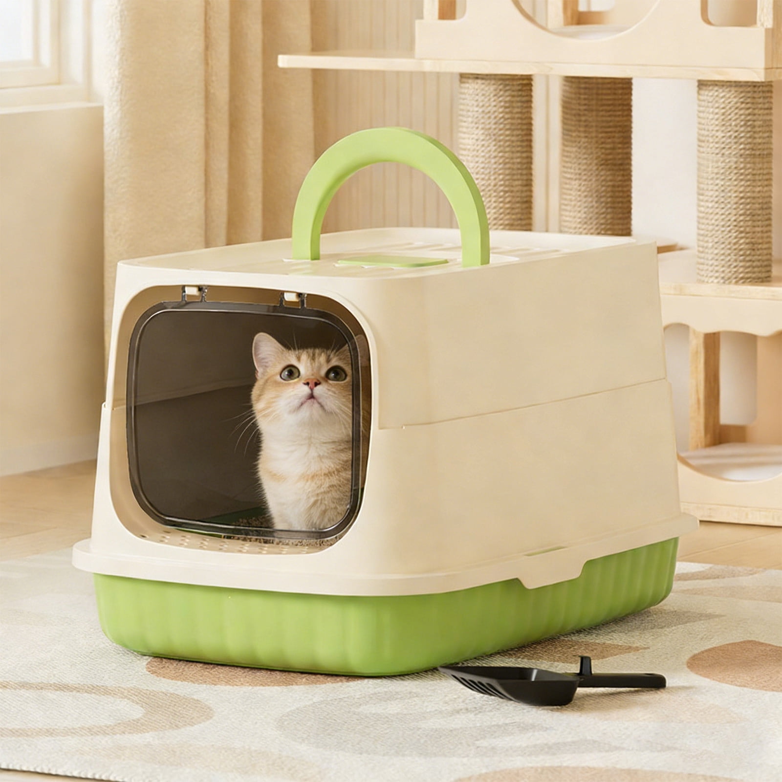 Kuroiy Enclosed Cat Litter Box | Extra Large Covered Litter Tray | Splash-Proof Pan with Lid | Easy Clean Plastic | Non-Slip Bottom | Green or Gray | Includes Shovel | 48x32x29cm