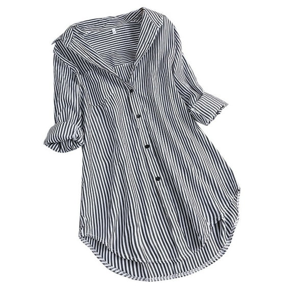 JINMGG 2026 Summer Womens Tops Womens Plus Size $5 Women Stripe Long Sleeve Turn-down Collar Button Loose Top Shirts Blouse