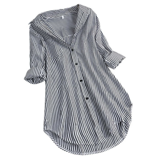 DPTALR Chemisier Femme Rayé Manches Longues Col Rabattu Bouton Haut Ample