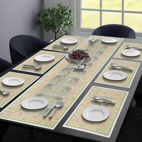 Handicraft Bazarr Elephant Pattern Mat Runner Ethnic Living Room Table Bowl Mat Runner Traditional Golden Embroidery Work Placemat Runner Brocade Silk Table Runner