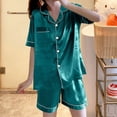 thumbnail image 2 of Asxite Pajamas for Women Set Solid Summer Short Sleeve Shorts Set Lapel Loungewear 2 Piece, 2 of 5