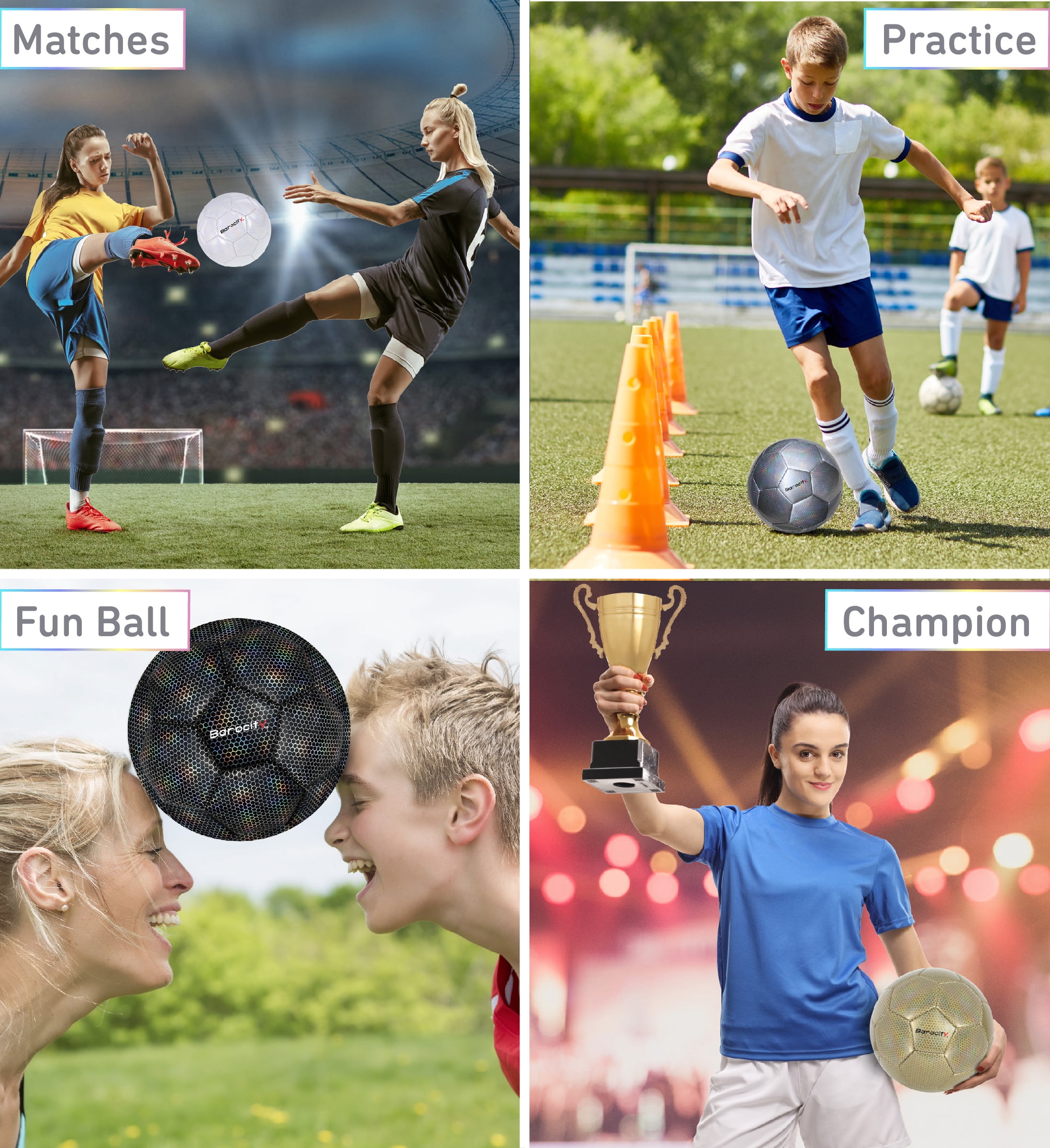 Barocity Iridescent Soccer Balls Set of 4 – Black, Gold, Silver and White Official Match Ball with Reflective Hex Pattern, Sport Soccer Balls for Indoor Outdoor Training and Practice Games - Size 4
