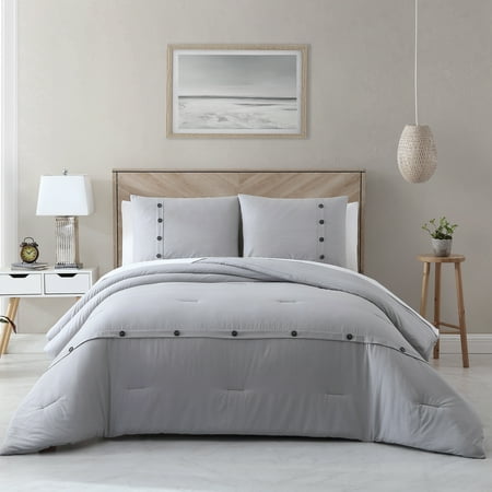 King 3pc Cotton Lyocell Buttons Comforter Set Gray - Avery Homegrown