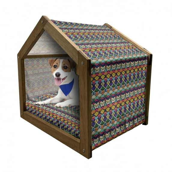 Geometric Pet House, Retro Eighties Design Vibrant Color Scheme Geometrical Lines Half Circles Vintage, Outdoor & Indoor Portable Dog Kennel with Pillow and Cover, 5 Sizes, Multicolor, by Ambesonne