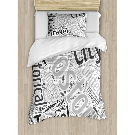 Boston Twin Size Duvet Cover Set, Worldcloud Messy Arrangement of Tourist Attraction Concept Words, Decorative 2 Piece Bedding Set with 1 Pillow Sham, Charcoal Grey White and Grey, by Ambesonne