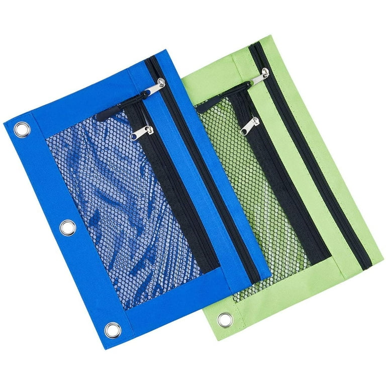  Sooez Pencil Pouch for 3 Ring Binder, 2 Pack Binder Pencil  Pouch with Clear Window Pencil Bags with Zipper & Reinforced Grommets,  Pencil Case for Binder Azure Blue & Black 