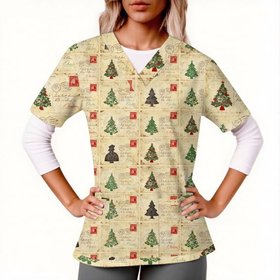 Haivin Women's Short Sleeve V-Neck Scrub Top with Two Pockets, Work Uniform for Nursing Hospital and Christmas Holiday