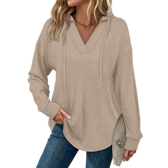 Felirenzacia Women's V Neck Drawstring Hoodie, Soft Long Sleeve Casual Pullover Tops Size: S-2XL