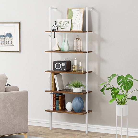 Lacoo Industrial Ladder Shelf, 5-Tier Wood Wall-Mounted Bookcase with Stable Metal Frame, 72 Inches Storage Rack Shelves Display Plant Flower, Stand Bookshelf for Home Office - White/Brown Oak