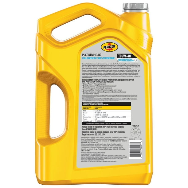 Pennzoil Platinum 5W40 Euro 5L, Pzl Syn Euro 5W40 - Walmart.ca