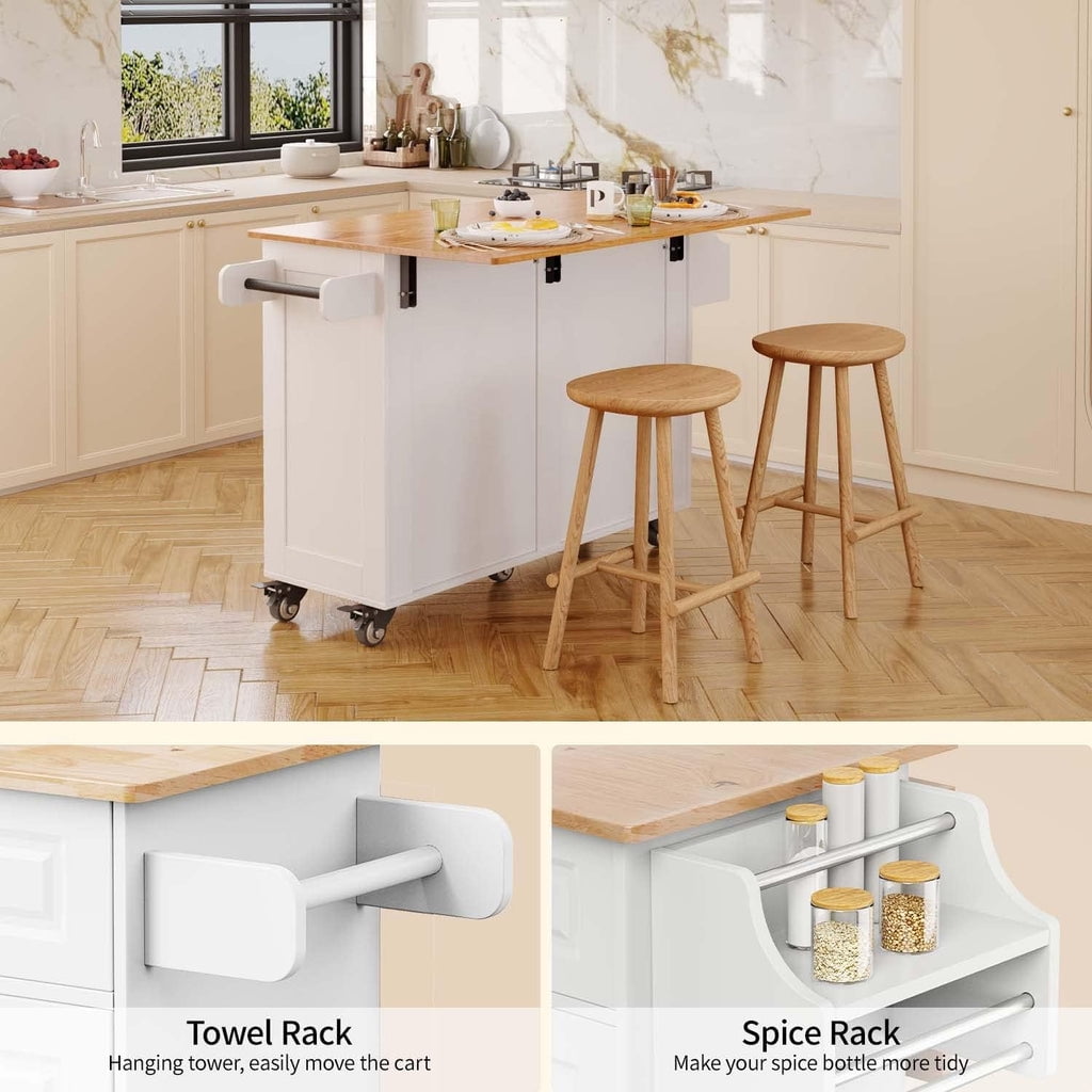 Aiho Kitchen Island with Storage, Mobile Kitchen Island Side Table on Wheels with Rubber Wood Drop-leaf Countertop , Side Rack and Drawer and for Kitchen,Dining Room - White