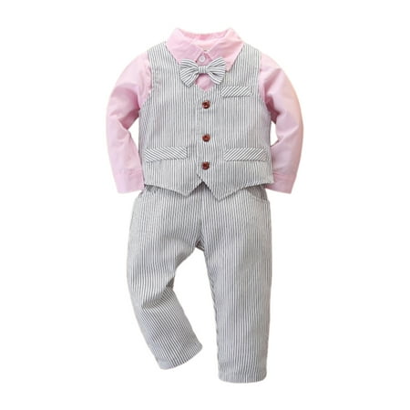 

PBaeM Boys 3 Piece Gentle Wedding Dressy Shirt & Vest & Pants Bow-tie Striped Outfit Sets