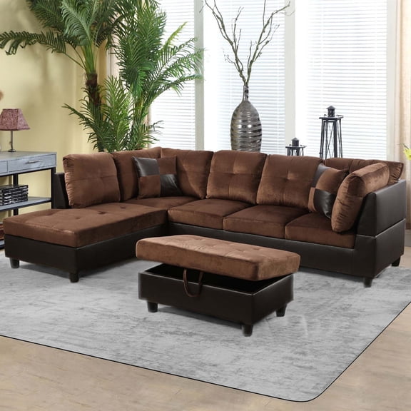 Aukfa Sectional Sofa, 3 Piece Living Room Couch with Storage Ottoman, Left Facing Chaise, Brown