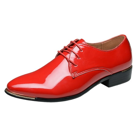 

Jungdeepe Men Breathable Business Formal Casual Pointed Toe Shiny Lace Up Patchwork Leather Shoes