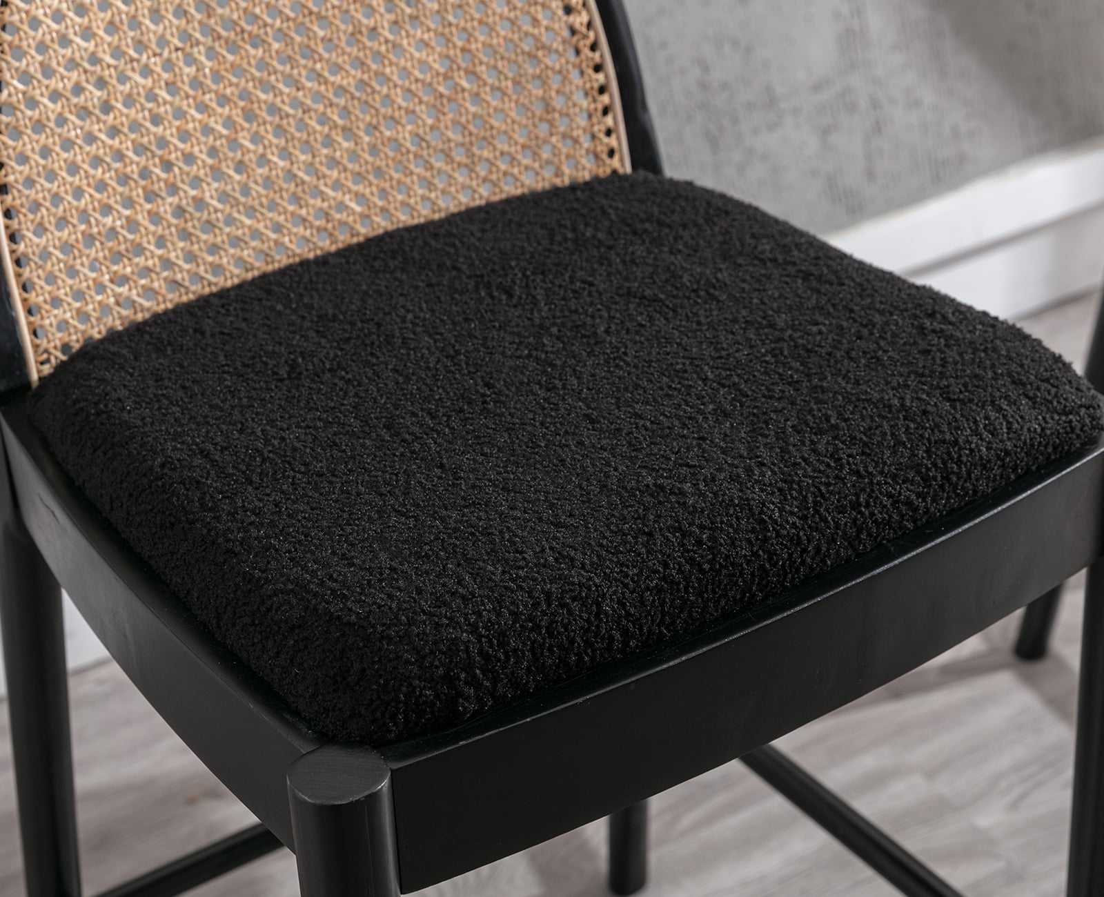 Guyou Modern Bar Stools Set of 2, 30" Counter Height Bar Stools with Natural Rattan Back and Solid Wood Frame, Sherpa Upholstered Kitchen Island Chairs for Bar Island Cafe Kitchen, Black