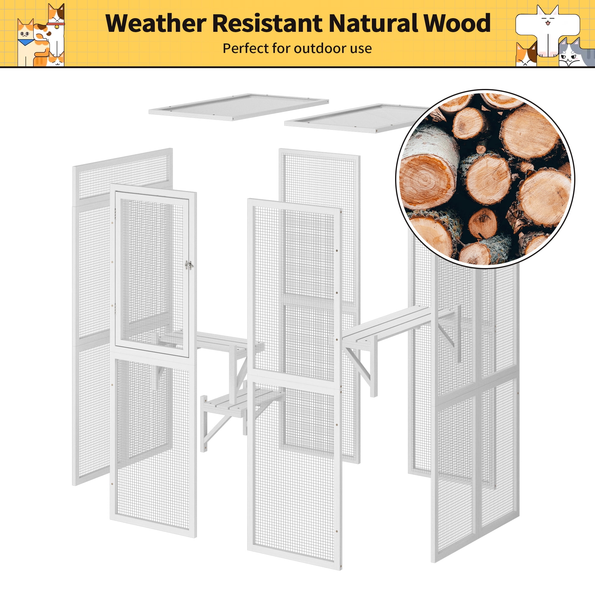 COZIWOW Catio Outdoor Cat Enclosure Window Access, Wooden Cat House Cage Indoor， White