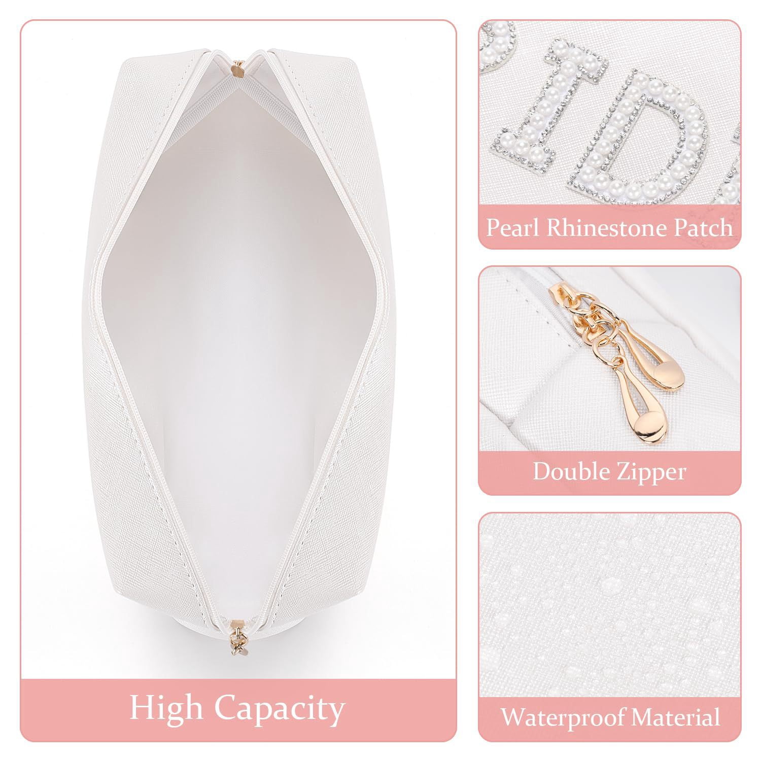 Luxury Pearl Rhinestone Bride Makeup Bag White PU Leather Bridal Travel Toiletry