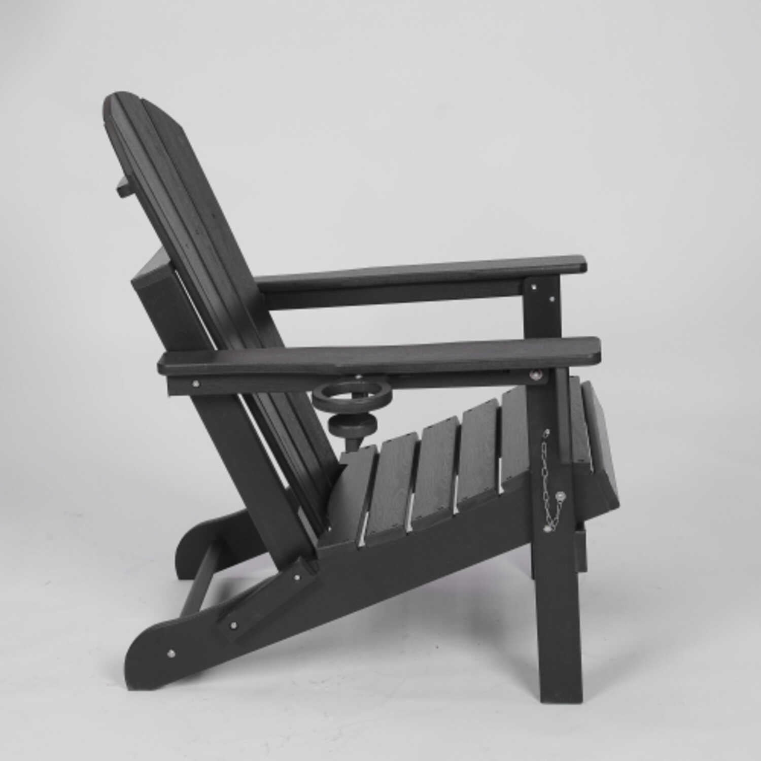 Black HDPE Folding Adirondack Chair with Wood Texture Composite Material and Built in Dual Cup Holders