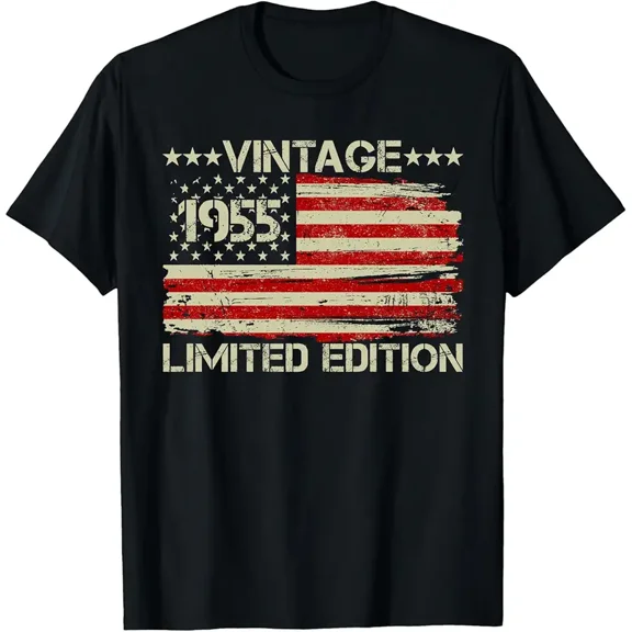 Vintage 1955 American Flag 70th Birthday Gift for Men Women Short Sleeve Graphic T-Shirt